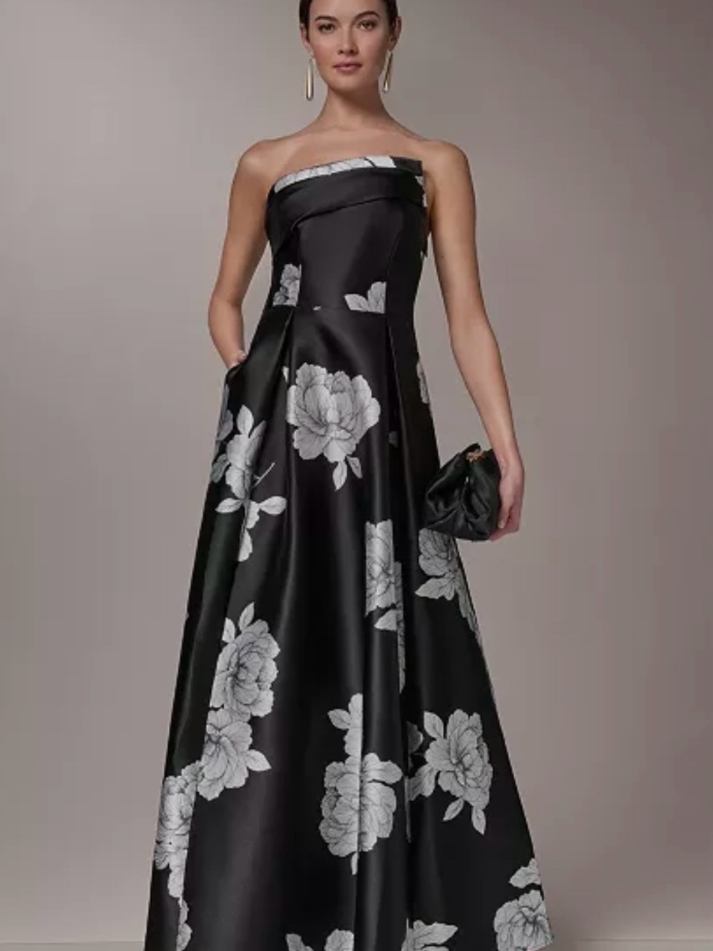 Donna Karan Black Strapless Floral Satin Ball Gown